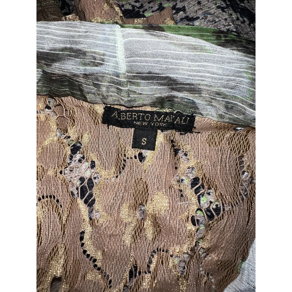 Alberto Makali Top Green Brown 2-fer Lace 3/4 Sleeve Embellished Blouse Size S - Picture 9 of 9